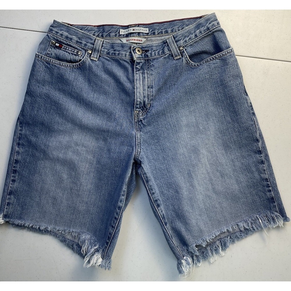 Tommy Hilfiger‎ Womens Denim Shorts Blue Boyfriend Mid Rise Cut Off 30" Waist